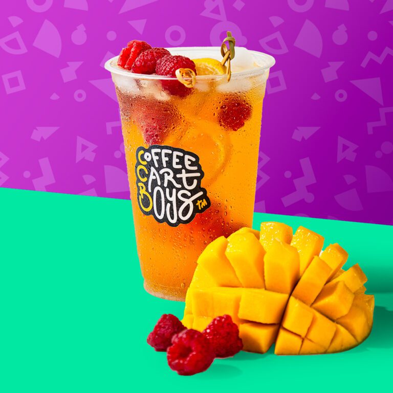 Mobile Coffee Bar Menu item, "Berry Tea Spritzer/Fizz": Iced coffee cherry/berry tea with fresh lemonade, aguas frescas (fruit juice) served with a splash of sparkling water.